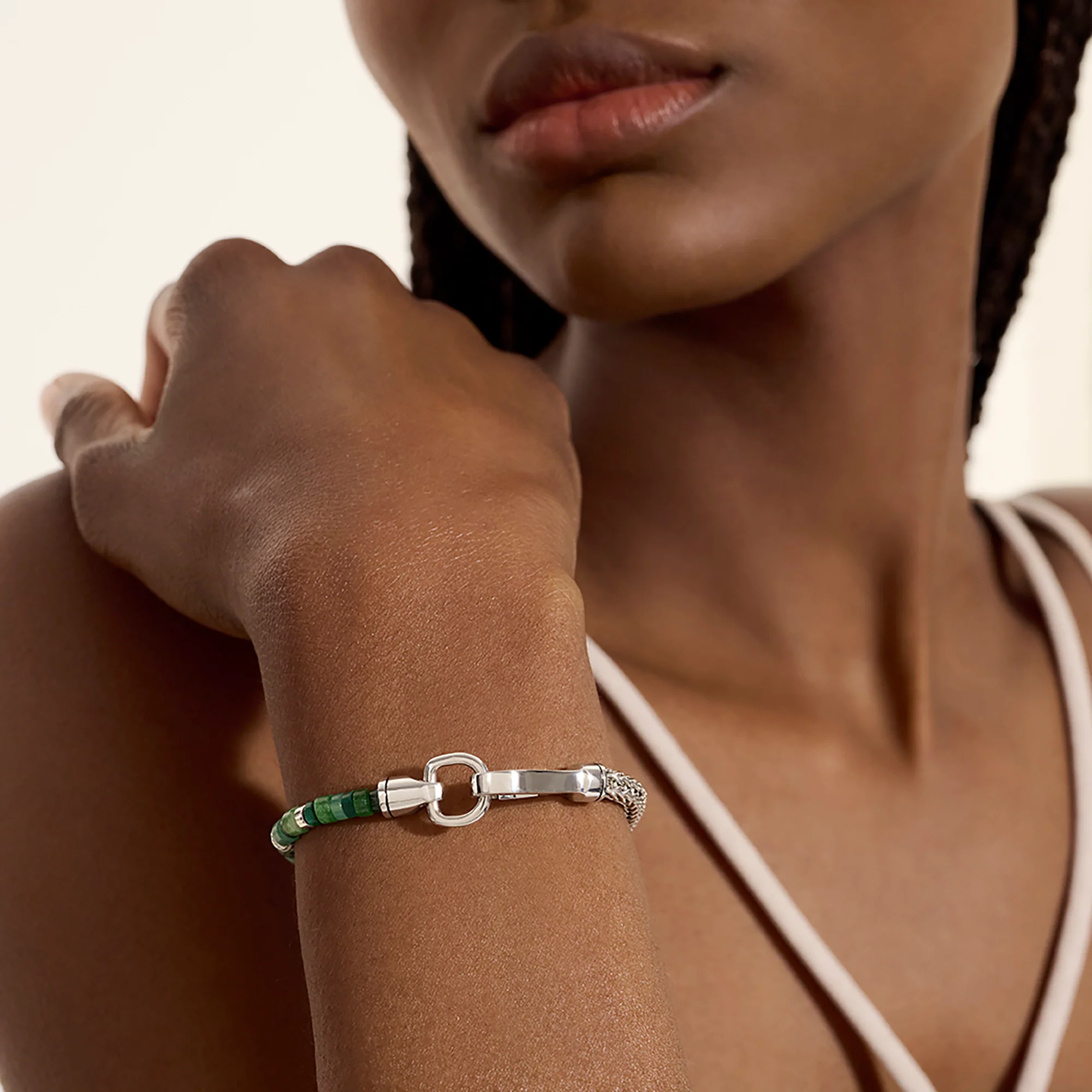 Heishi Chain Bracelet, Sterling Silver, Hardstones, Emeralds|BUS9012521MHQZATR - Image 6