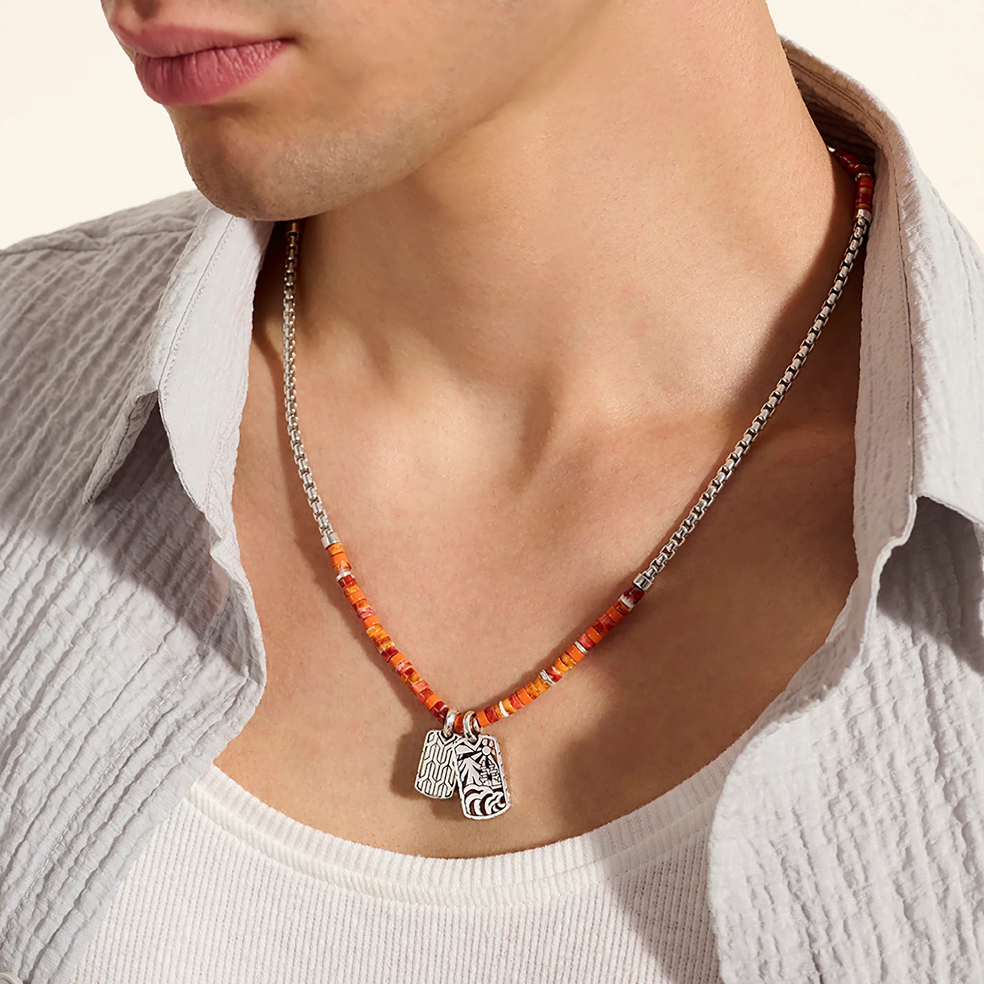 Heishi Tag Necklace, Sterling Silver, Spiny Oyster Shells|NMS989611OROYS - Image 5
