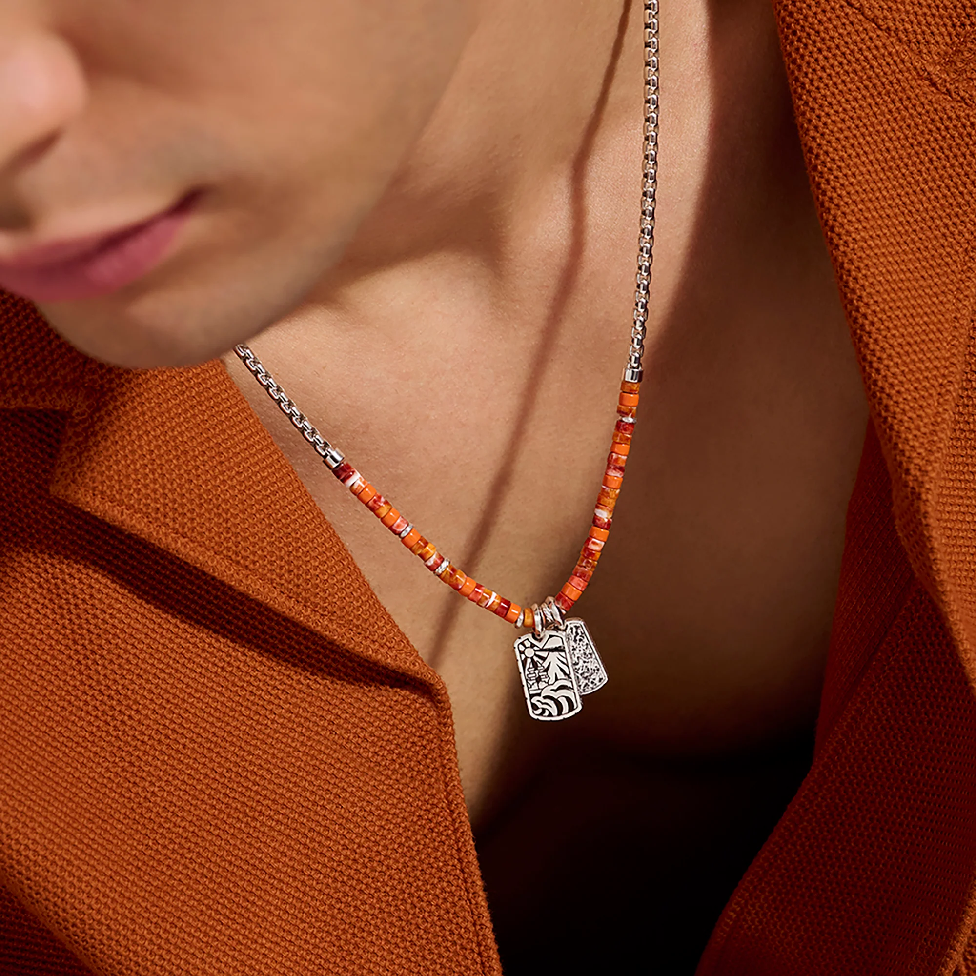 Heishi Tag Necklace, Sterling Silver, Spiny Oyster Shells|NMS989611OROYS - Image 6