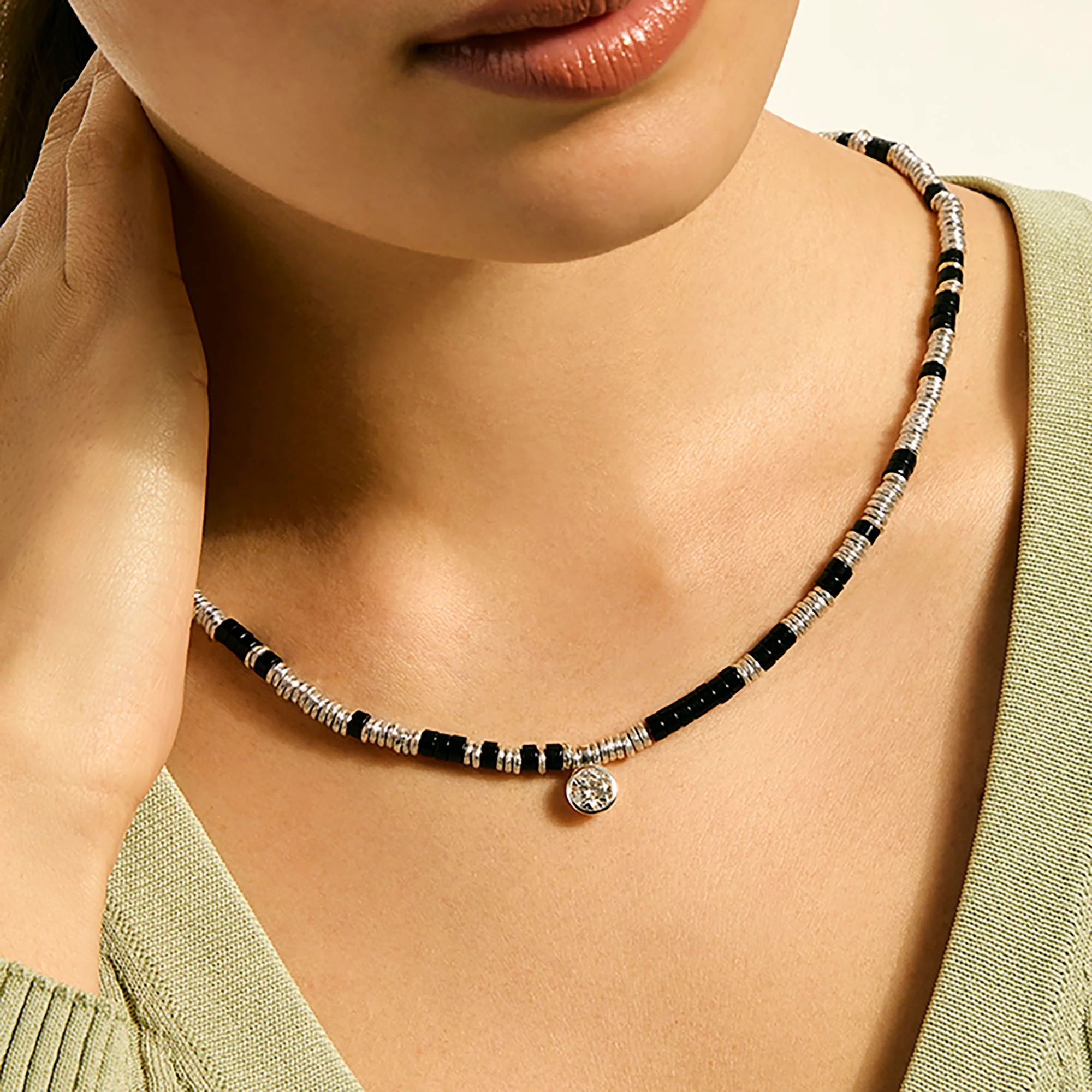 JH Lovestruck™ Heishi Pendant Necklace, Sterling Silver, Hardstones, Diamond, 1.25TCW|NBP4303931BONLGD - Image 4